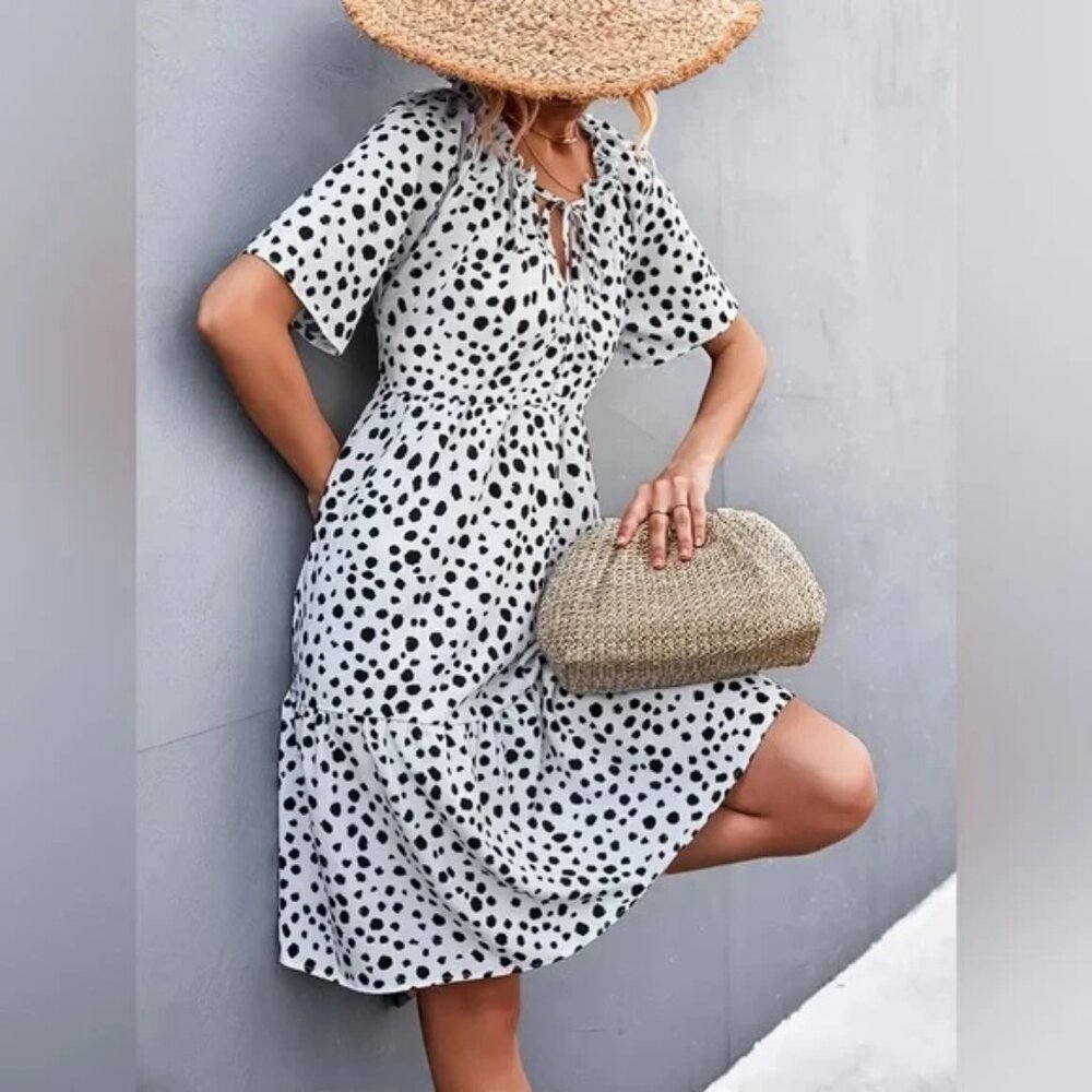 Spotted Chic Ruffle Neck Midi Dress